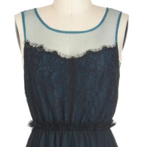 A-Line Teal Dress with Black Lace Overlay